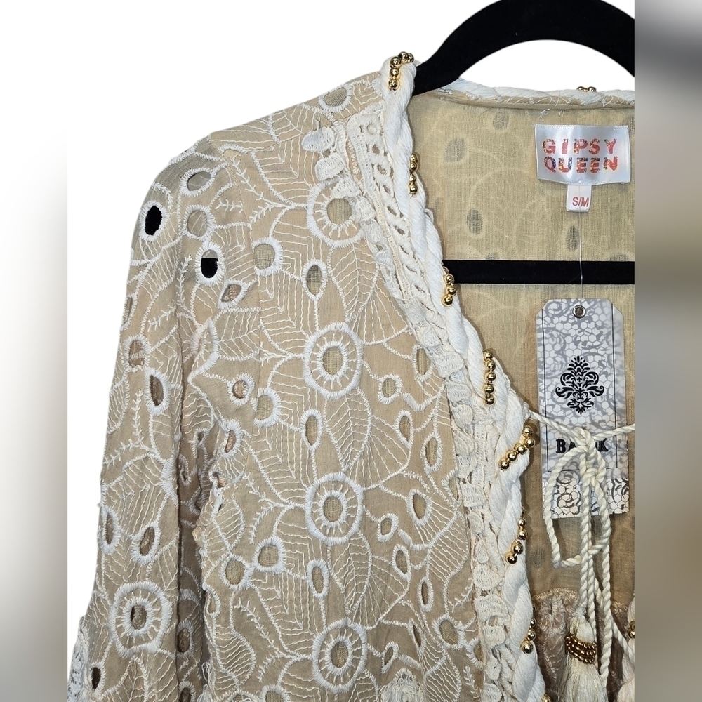 Gipsy Queen Barok Paris Boho Eyelet Lace Embroidered Open Tie-Front Cardigan Tan - Picture 6 of 16